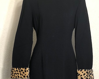 Vintage 90s Black Bodycon Dress: Faux Leopard Fur Collar Accents