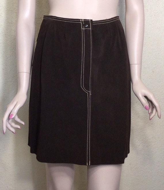 Vintage 90s Brown Suede Leather Mini Skirt: A-Line Above Knee