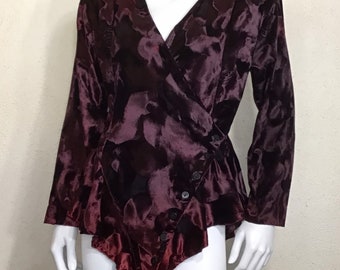 Vintage 90s Crushed Velvet Blouse: Burgundy Red Button Up Top
