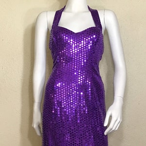 Vintage 90s Womens / Kays Designs / Fioletowa sukienka z cekinami / Wycięcie z odkrytymi plecami / Bezrękawnik Maxi / Koktajlowe wieczory / Impreza bal / Specjalne okazje