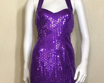 90s Kays Designs Purple Sequin Cutout Open Back Sleeveless Maxi Dress