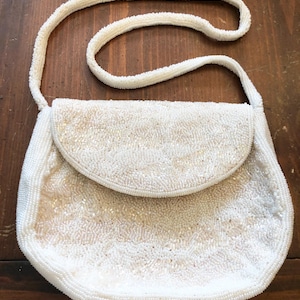 Vintage 60s Seed Bead Crossbody Purse - White Beaded Cocktail Bag
