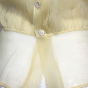 May include: Pale yellow sheer blouse with vertical striped detailing and two white buttons. The bottom portion of the blouse is a lighter, sheer fabric. The blouse is a light, airy garment.