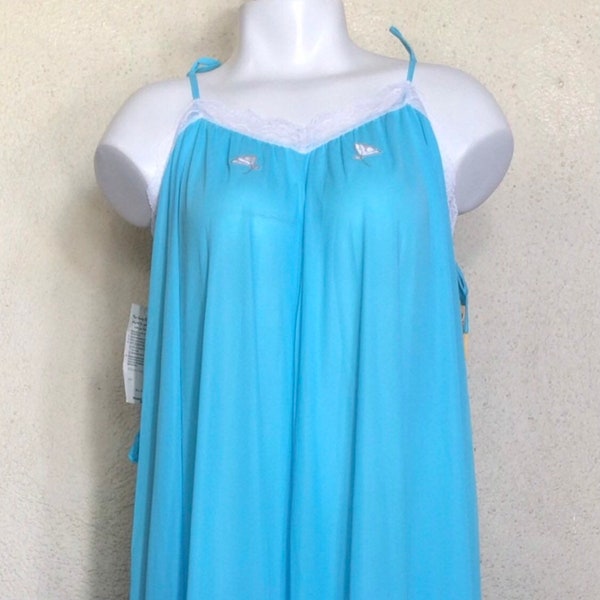 60s Claire Sandra by Lucie Ann Beverly Hills Blue White Nylon Maxi Nightgown