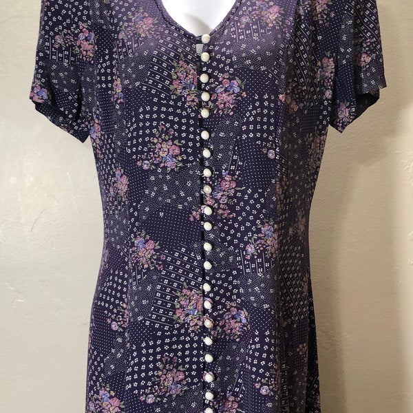 80er Jahre Jody California Navy Blau Rosa Weiß Floral Polka Dot Kurzarm Kleid unter dem Knie