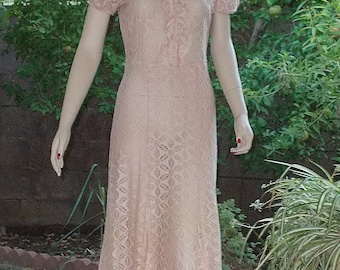 Vintage 30s Pink Floral Lace Maxi Dress: Handmade Cotton Gown