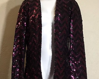 90s Black Purple Chevron Sequin Open Front Long Sleeve Cocktail Blazer