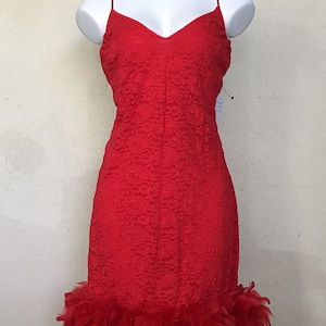 Vintage 80s Red Lace Dress: Shirley of Hollywood, Feather Trim