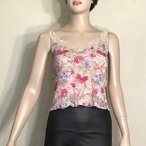 Vintage Y2K Womens / Pink Beige Floral Lace / Pink Floral Camisole / Spaghetti Straps / Adjustable Straps /Floral Lace Top /Lace Floral Cami