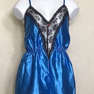 Vintage 80s / Symmetry Fashions Ltd. / Solid Blue Teddy / Black Floral Lace / Sexy / Babydoll / Teddies / Nightie / Red Rose Accent