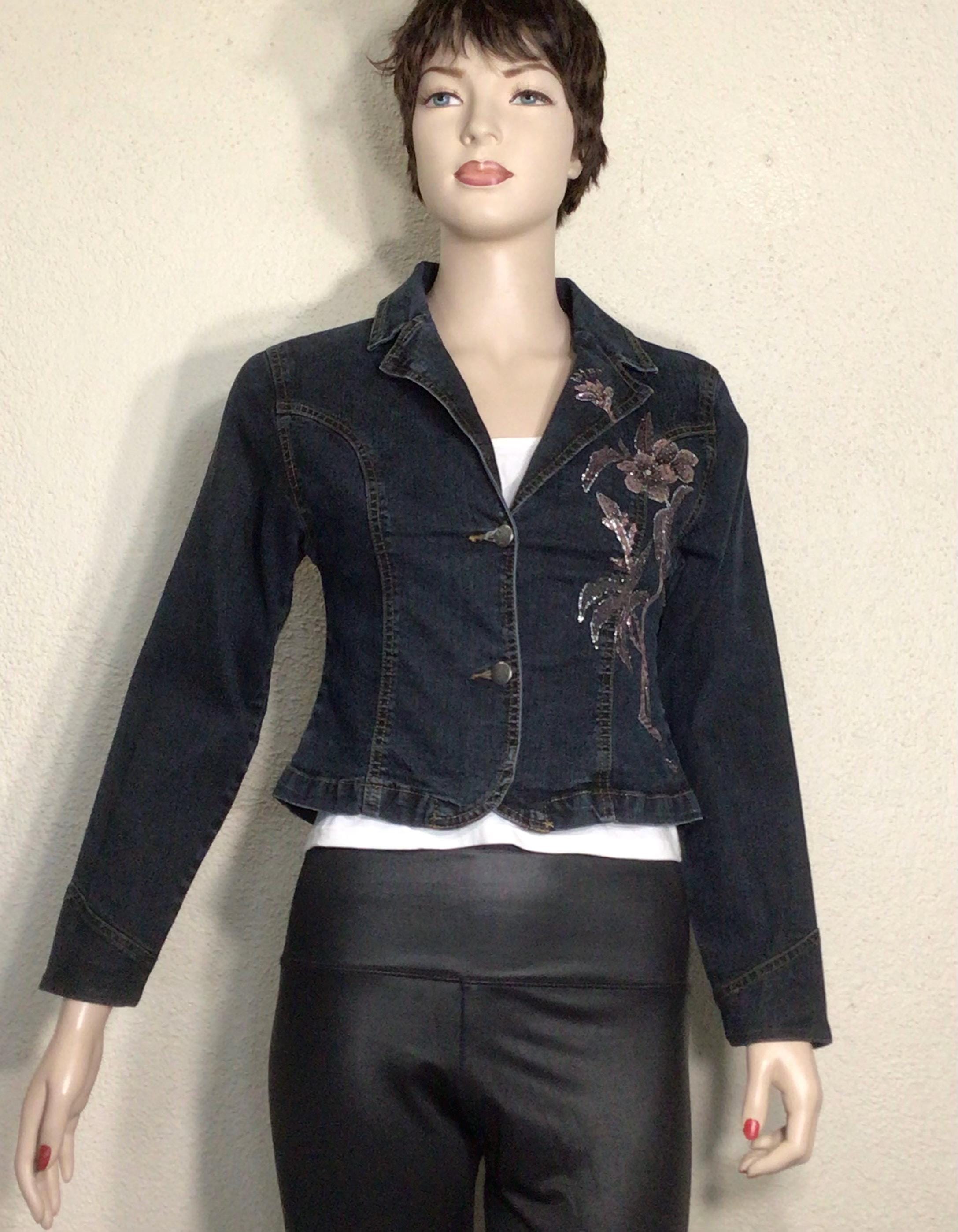 Vintage Y2K Denim Jacket: Beaded Floral, Panzia Jeans, Size S/M - Etsy
