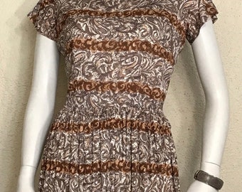 50s Cay Artley Brown White Paisley Striped Cap Sleeve Knee Length Dress