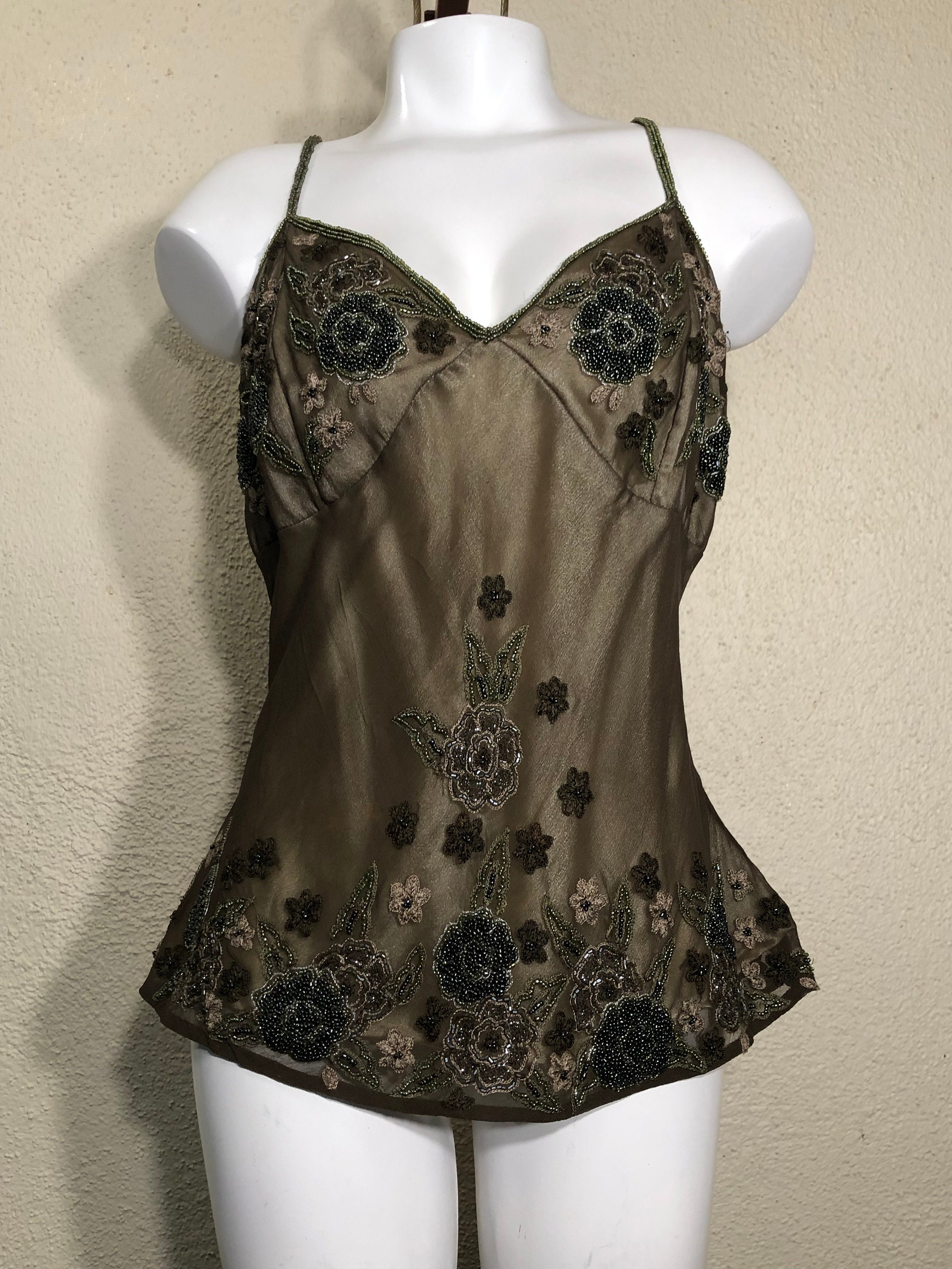 90s Vintage Emerald Green Floral Lace Sheer Cami Top [M] – The