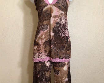 90s Pink Brown Floralr Spaghetti Strap Elastic Waist Pajamas