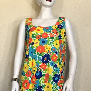 Vintage 70s Women&#39;s / Blue Multicolor Floral / Hand Made / Cool Summer Dress / Sleeveless Maxi / Ankle Length / Boho Hippie / Spring Dress
