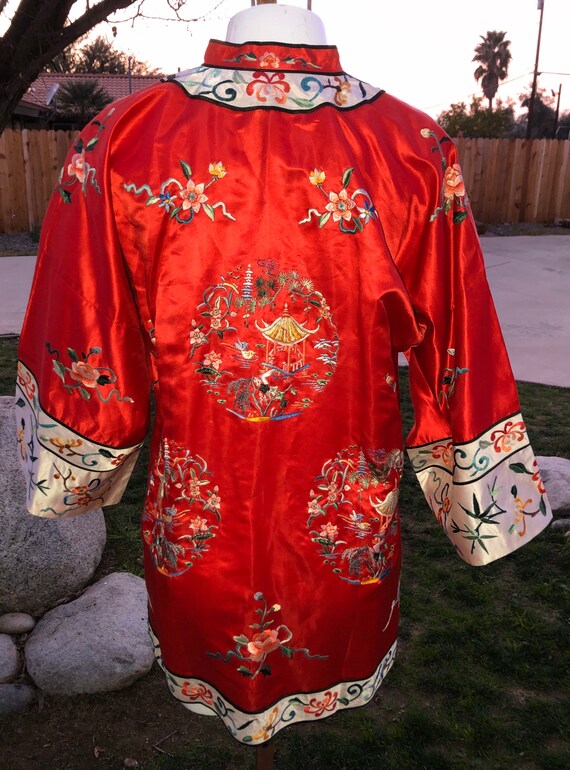 60s Asian Esme Red White Floral Embroidered Silk … - image 10