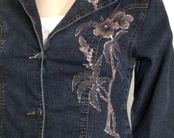 Vintage Y2K Denim Jacket: Beaded Floral, Panzia Jeans, Size S/M - Etsy