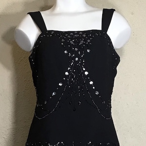 Vintage 90s Womens / R & H Richards / Petite Clubwear / Black Sleeveless Top / Zip Up Cami / Floral Silver Bead Accents / Cocktail Evening