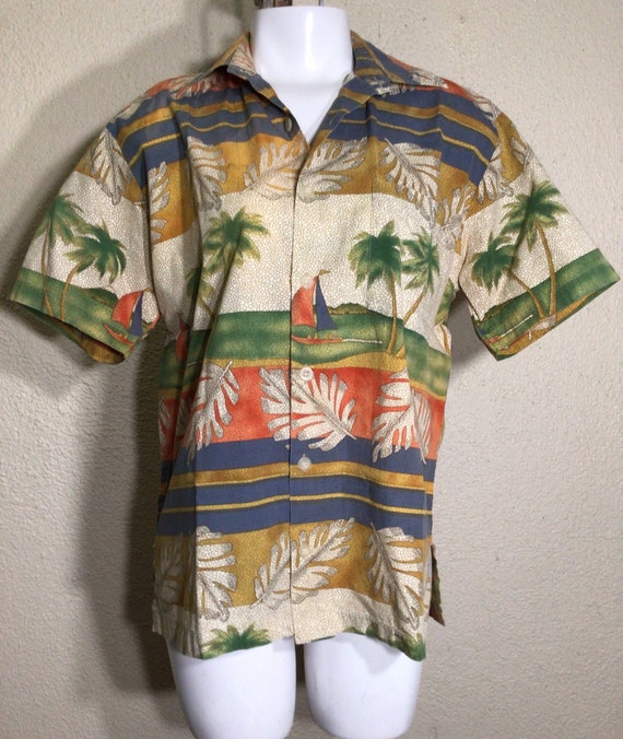 80s Miami Vice Mens Beige Green Floral Tropical S… - image 1