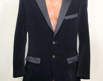 Vintage Mens Tazio Navy Blue Velvet Tuxedo Blazer Long Sleeve Button Sports Coat Dinner Jacket