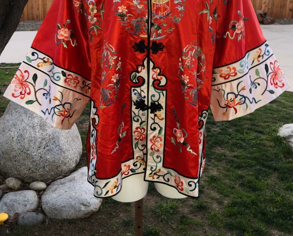 60s Asian Esme Red White Floral Embroidered Silk … - image 5