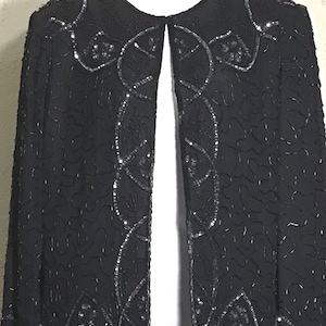 Vintage 90s Women’s / JMD New York / Black Beaded Sequin / Long Sleeves / Open Front / Cocktail Evening / Blazer Jacket / Special Occasion