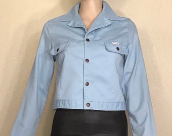 70s Dittos Blue Cotton Denim Snap Up Long Sleeve Short Blazer Jacket