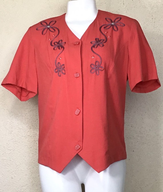 Vintage 80s Floral Embroidered Blouse: Graff Californiawear Orange Top