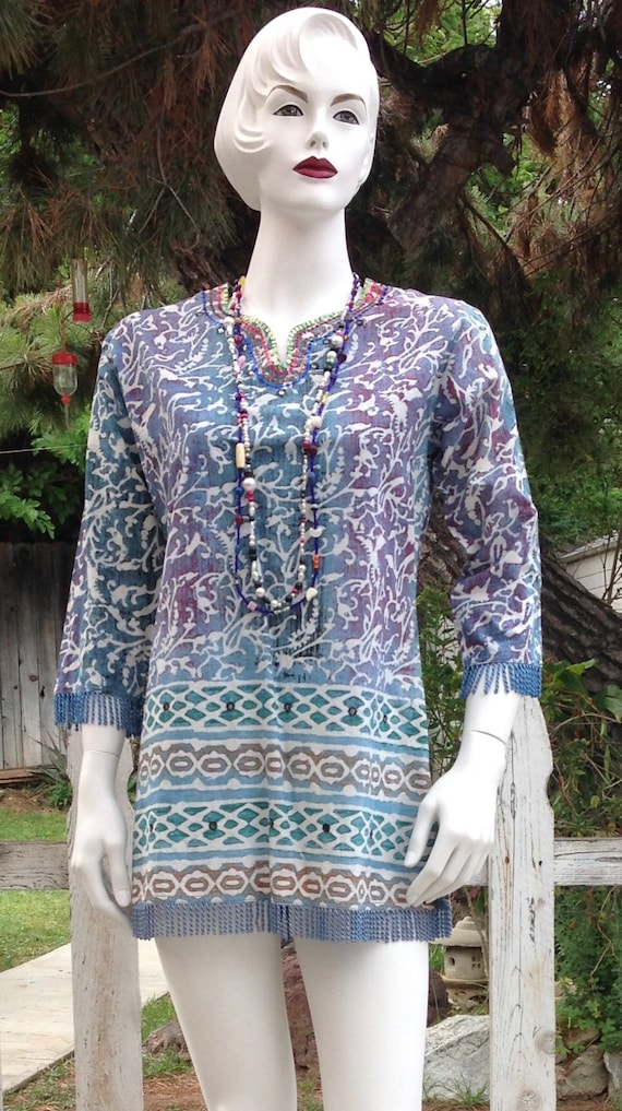 80s Blue Purple White Abstract Geometric Blouse Tu