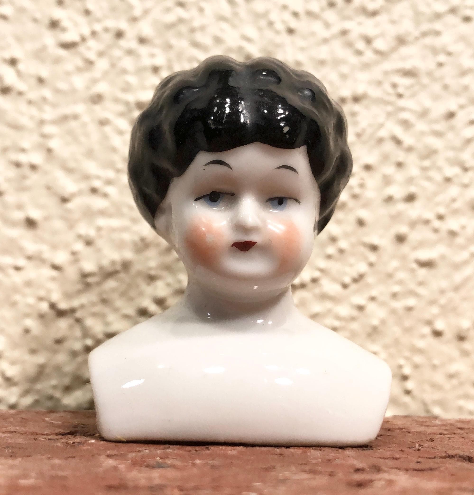 Early 1900's Antique German China Head Doll: Black Molded Hair