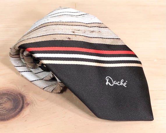 Vintage 60s Lilly Dache Irv Silvers Beige Brown Red Stripe Men’s Necktie: Diagonal Stripes, Textured Silk
