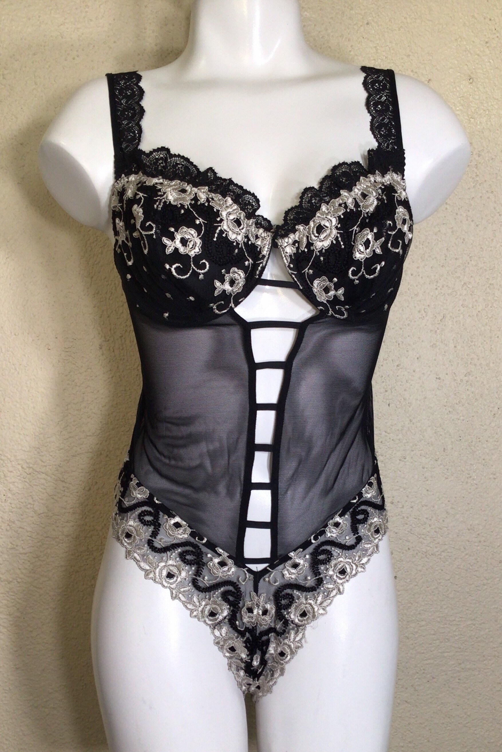00s Victorias Secret Black Ivory Teddy Embroidered Floral Lace One Piece  Thong -  Ireland