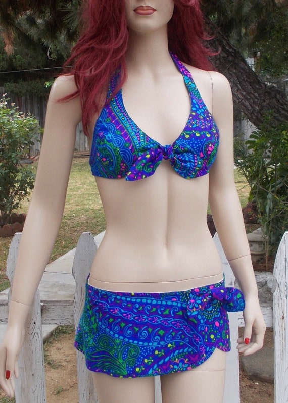 Vintage 70s Floral Paisley Bikini: Hawaii Nei Honolulu Two-Piece Swimsuit
