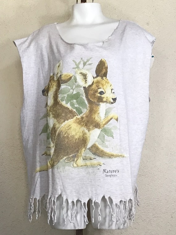 80s Soft Grey Deer Fawn Graphic Print Sleeveless … - image 1