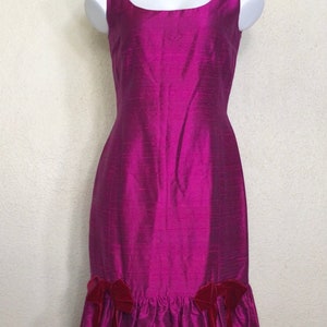 Vintage 80s Womens / Sarah Campbell / Pink Silk Midi Dress / Fuchsia / Sleeveless / Silk Midi Dress / Red Velvet Bow Accents /Cocktail Dress