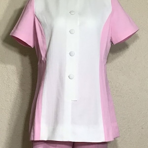 Vintage 70s Pink White Pantsuit: Mod Polyester Knit Set