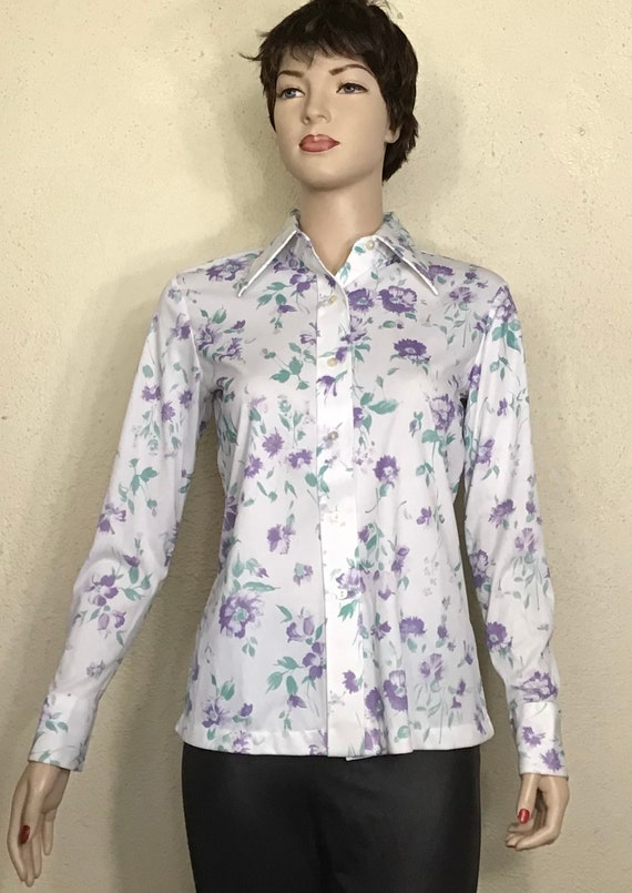 70s Sears Perma-Prest White Purple Floral Long Sle