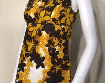 60s Brown Yellow Orange Floral Made In Hawaii Sleeveless Maxi Dress