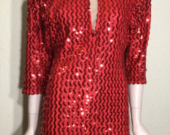 Vintage 80s Red Sequin Midi Dress: Metallic Keyhole V-Back