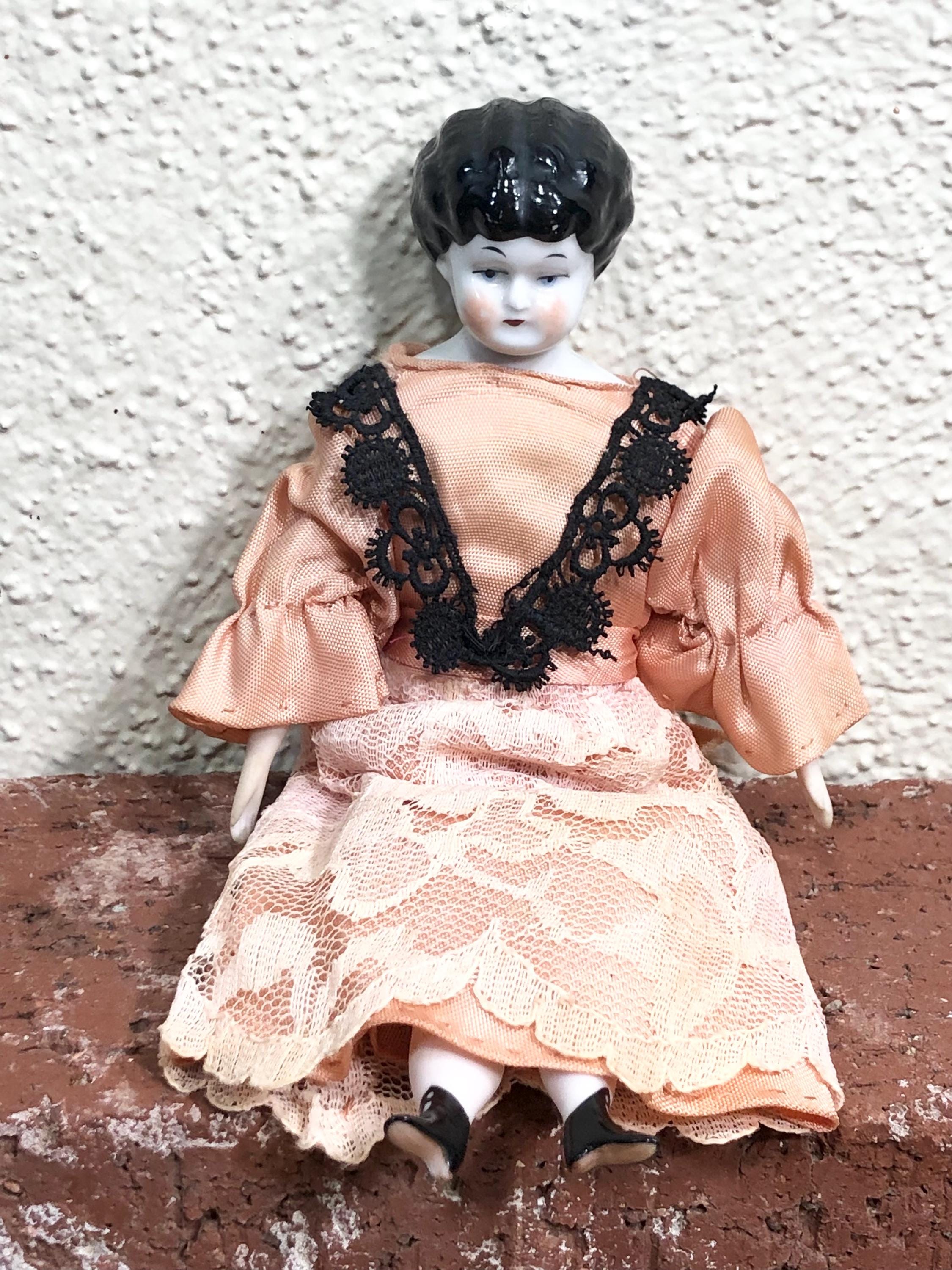 Early 1900's Antique German China Head Doll: Black Molded Hair