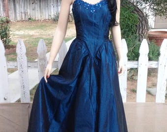 Vintage 90s Party Prom Strappy Dress: Midnight Blue Lace Sequin Accents