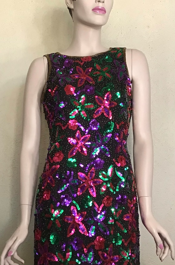 90s Black Multicolor Floral Beaded Sequin Cutout B