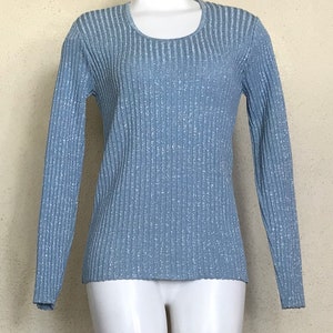 Vintage 70s Blue Metallic Pullover Top: R K Originals Long Sleeve Sweater