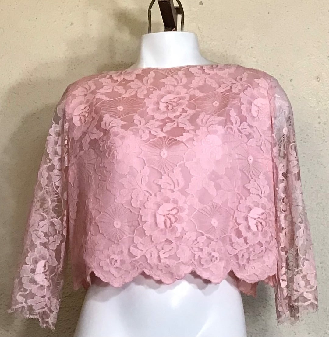 60s Pink Floral Lace Button up Quarter Sleeve Crop Blouse Top Etsy — free download