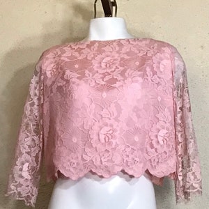 Vintage 60s / Women’s Blouse / Pink Floral Lace / Button Up / Quarter Sleeves / Handmade Crop Top / Special Occasion / Mother Of The Bride