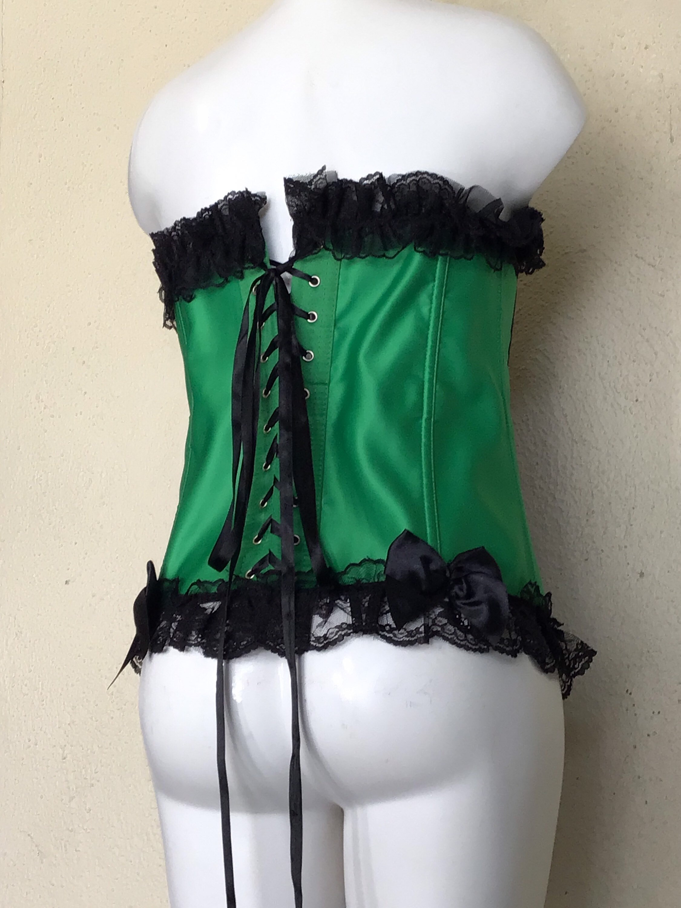 90s Vaacodor Bustier Black Green Lace Ribbon Lace-up Corset 