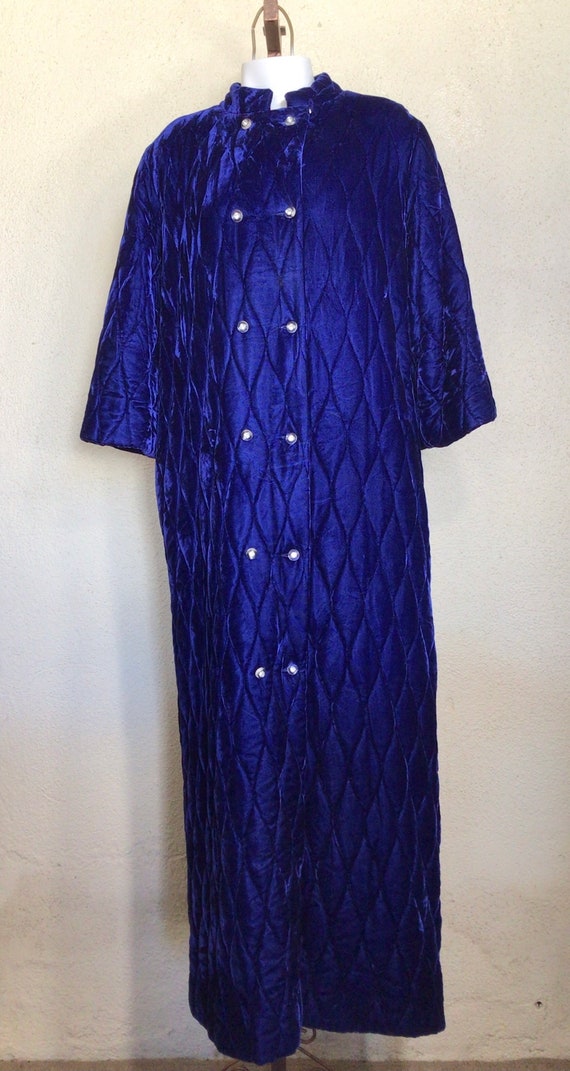 70s Royal Blue Velour Quilted Long Sleeve Button … - image 10