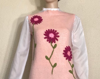 60s Powder Pink 3-D Floral Handmade Knitted Pullover Vest Sweater Top