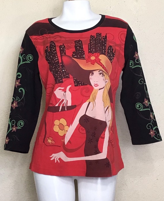 Vintage 90s Graphic Tee: Cityscape Cactus Print, Rhinestone Embellished