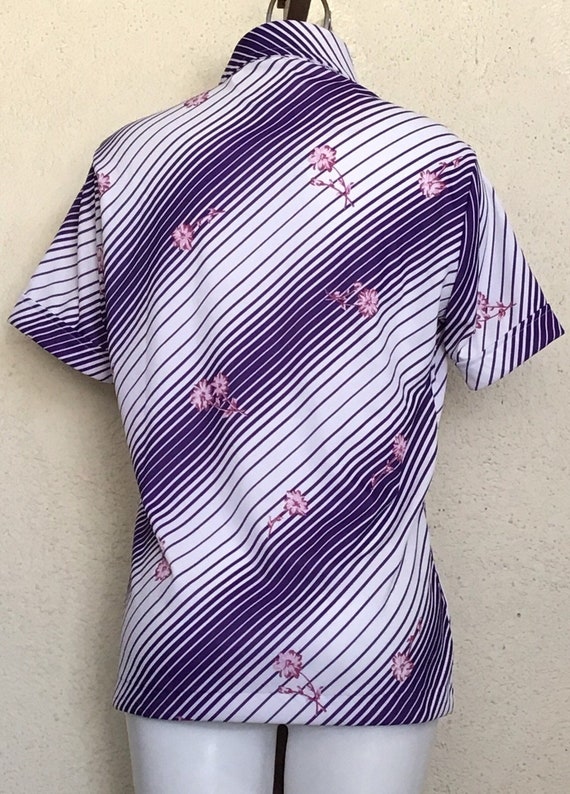 70s Sears Purple White Diagonal Stripe Pink Flora… - image 2